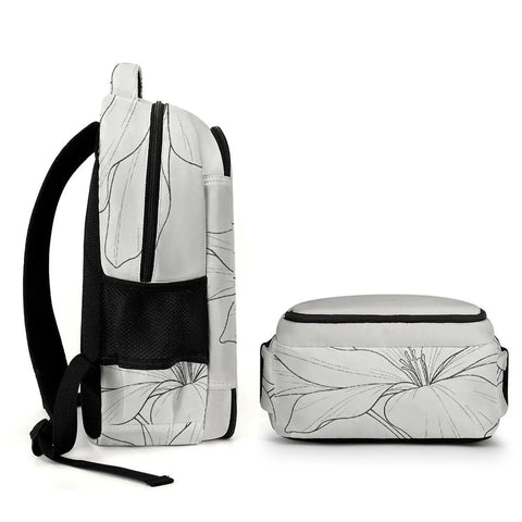 Side and top view of Floral Line Art Backpack With Printed Buds Unisex Dope Large Capacity Everyday Carry Durable Polyester