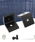 10 Piece 2 Hole Inside Corner Bracket Set For 4040 Aluminum Extrusion 10mm Slot 90 Degree L Shape Black Includes 20 M8 T Nuts 20 M8 Hex Screws And 1 Wrench with two brackets, screws, and wrench displayed