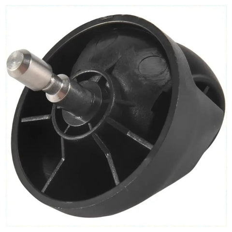 Front view of black plastic omni-directional wheel with metal axle for Cecotec Conga vacuum cleaner spare part