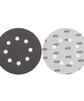 Heavy Duty 5 Inch Hook And Loop Sanding Discs With 8 Holes Premium Silicon Carbide Grit for wood and metal, showing two grits.