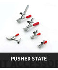 Vertical Quick-Release Toggle Clamp Workhorse For Woodworking And Mechanical Assembly shown in multiple sizes, pushed state.