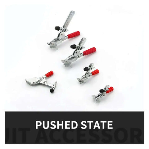 Vertical Quick-Release Toggle Clamp Workhorse For Woodworking And Mechanical Assembly shown in multiple sizes, pushed state.