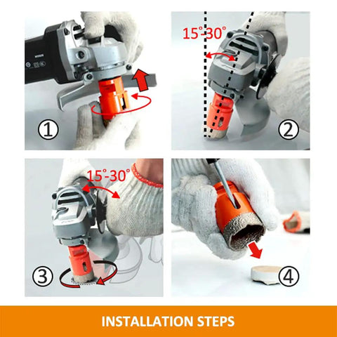 Installation steps for Diamond Hole Saw Set With 5/8-11 Thread For Porcelain Tile Ceramic Marble Granite Stone Masonry Brick Includes A Pro Grade Range Of Drill Diameters From 6 Mm To 35 Mm Plus A 35 Mm Diamond Beveling Chamfer Bit.