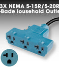 NEMA L5-30P To 5-15R 5-20R RV Generator Adapter With Circuit Breaker showing three blue household outlets