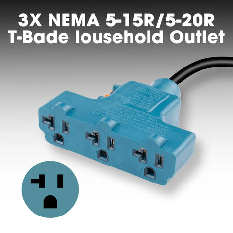 NEMA L5-30P To 5-15R 5-20R RV Generator Adapter With Circuit Breaker showing three blue household outlets