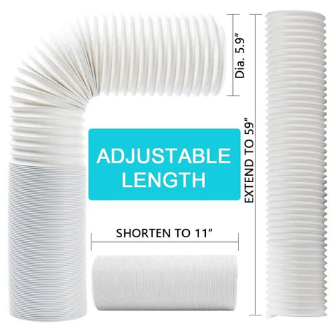 Universal Portable Air Conditioner Exhaust Hose 5.9 Inch Diameter, Length Up To 59 Inches, Anti Clockwise Thread, Replacement Vent Hose For Most Portable ACs, Heavy Duty Polypropylene Build, Easy Fit And Durable shown in extended and coiled position, emphasizing adjustable length and anti-clockwise thread.