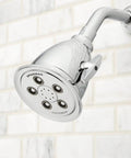 Polished Chrome Adjustable Shower Head With Anystream 360 Technology 2.0 GPM High Flow Hotel Grade Versatile Spray Patterns For Modern Bathrooms Go To Settings For Any Shower, side view.