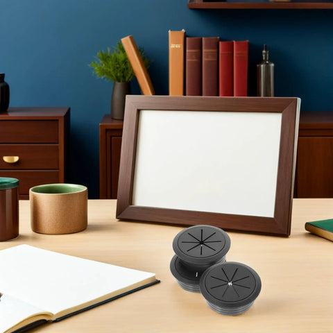 20 Pack Round Desk Cable Hole Cover Grommet Kit With No Fuss Install And Dust Barrier For Office Desks And School Tables ABS And Rubber Material For Safe And Easy Cable Management And Electronics Protection. Black round desk cable grommets on a wood desk