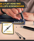 9 In 1 Metal Multitool Pen Set For Him featuring screwdriver function in use, showing flat head and Phillips screwdriver on table