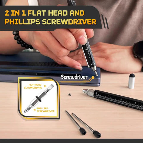 9 In 1 Metal Multitool Pen Set For Him featuring screwdriver function in use, showing flat head and Phillips screwdriver on table
