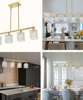 Crystal Linear Chandelier 4 Light Brushed Brass Farmhouse Pendant For Dining Room And Kitchen Island Gold Mid Century Modern Rectangle Hanging Light With Raindrop Crystals And Flush Mount Totally Lit