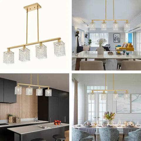 Crystal Linear Chandelier 4 Light Brushed Brass Farmhouse Pendant For Dining Room And Kitchen Island Gold Mid Century Modern Rectangle Hanging Light With Raindrop Crystals And Flush Mount Totally Lit
