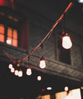 String lights hanging outdoors using One Eighth Inch Wire Rope Kit 100 Feet With 7x7 Core Vinyl Coated Stainless Steel Cable And Turnbuckles