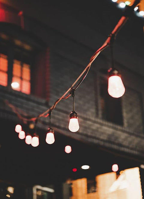 String lights hanging outdoors using One Eighth Inch Wire Rope Kit 100 Feet With 7x7 Core Vinyl Coated Stainless Steel Cable And Turnbuckles