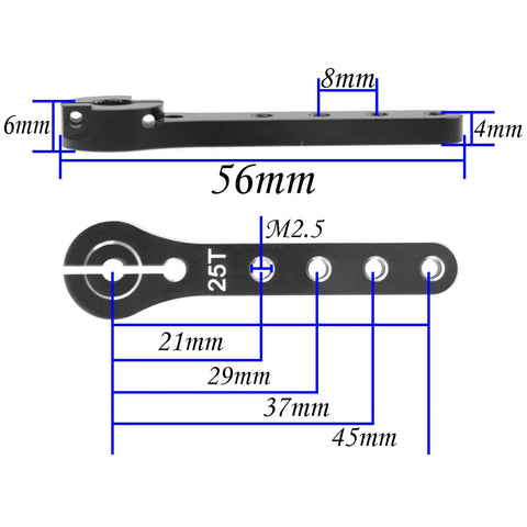 Diagram of 2 Pack 25T Servo Horns, 56mm Metal Extension Arm with measurements, CNC Machined Aluminum for RC planes, helis, and cars.