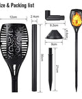 Two Pack 33 Inch Solar Tiki Torches With 96 LED Flickering Flame Waterproof Outdoor Lights size and packing list diagram