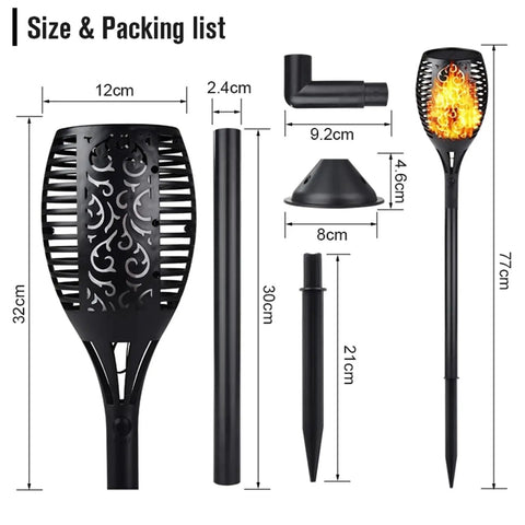 Two Pack 33 Inch Solar Tiki Torches With 96 LED Flickering Flame Waterproof Outdoor Lights size and packing list diagram