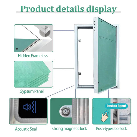 Product details display for No Sweat Installation Paintable Concealed Access Panel For Drywall Walls And Ceilings Featuring Spring Loaded Pop Out Mechanism.