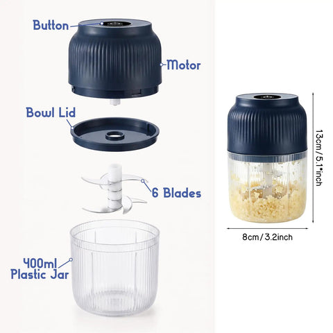 2026 New Electric Garlic Chopper Mini Food Processor Portable Cordless Vegetable Mincer Six Stainless Steel Blades with cup components