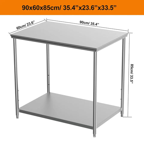 Heavy Duty Pro Grade Stainless Steel Kitchen Prep Table With Adjustable Undershelf For Home And Commercial Kitchens Restaurants Bakeries Workshops And Garages 36 By 24 By 33.5 Inches table with dimensions labeled on image.