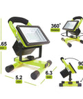 Front, side, and tilted views of 30W LED Work Light With Stand, 90 Degree Tilt, 360 Degree Rotation Magnetic Base, portable and weatherproof.