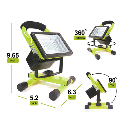 Front, side, and tilted views of 30W LED Work Light With Stand, 90 Degree Tilt, 360 Degree Rotation Magnetic Base, portable and weatherproof.