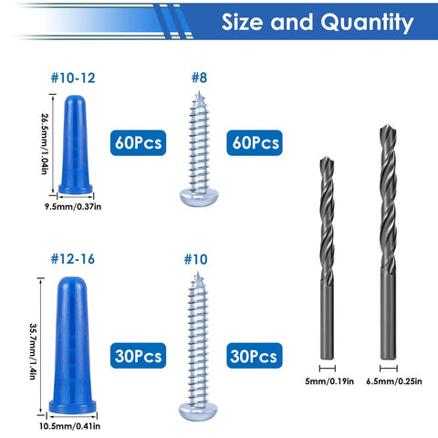 182 Piece Concrete Anchors And Screws Kit With 90 Wall Anchors 90 Masonry Screws And 2 Drill Bits for DIY mounting