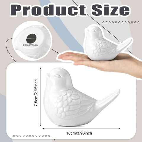 Four Pack White Ceramic Bird Toilet Bolt Caps Super Chic Animal Flange Covers showing size 7.5 cm height and 10 cm length.