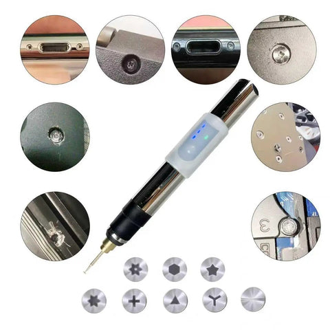 Rechargeable Broken Screw Extractor Kit Featuring Four Precision Grinding Heads For Stripped iPhone And Laptop Repair Tools with blades and precision tips.