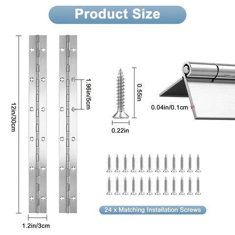 Diagram showing 12 Inch Stainless Steel Piano Hinges 2 Pack with Countersunk Holes and 24 Stainless Steel Screws, dimensions labeled.