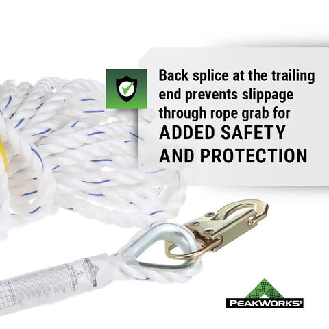 Heavy Duty Vertical Lifeline With Five Eighth Inch Polysteel Rope And Snap Hook For Industrial Construction Roofing And Recreation Use, Pro Grade Fall Protection That Meets ANSI And OSHA Standards, Available In Multiple Lengths; close-up of polysteel rope and snap hook with safety text.