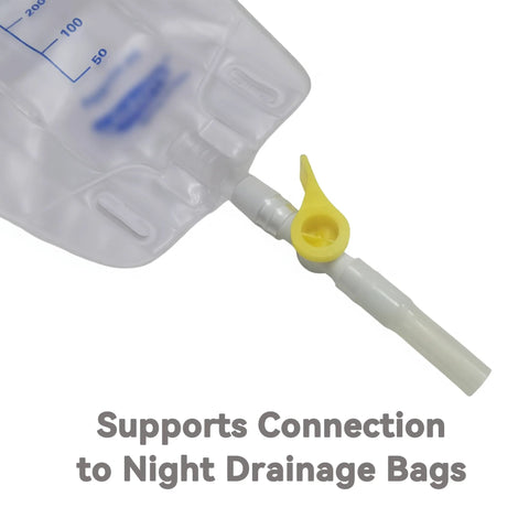 Catheter valve with yellow lever for urine drainage attached to tubing on a sterile drainage bag (10-pack)
