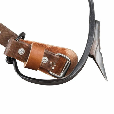 Close-up of Hydra-Cool Pole Climber System with claw climbers, gaffs, leather strap, and Velcro closure for tree work