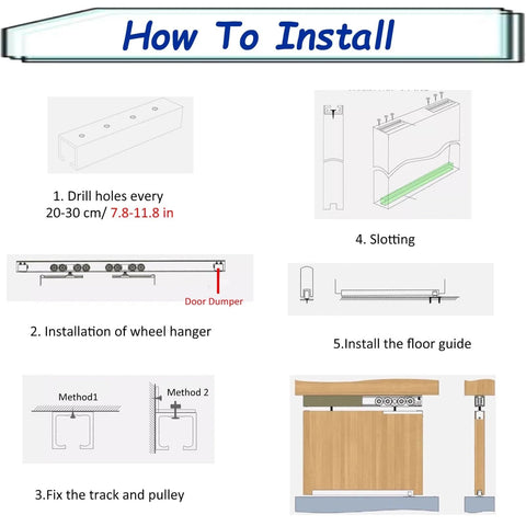 Installation guide for Pro Grade Sliding Barn Door Hardware Kit For Two Doors, Double Track System with step-by-step instructions.