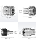 Heavy Duty Stainless Steel Pressure Washer Adapter Set With Swivel M22 14 And 15 Mm To Three Eighths Inch Quick Connect shown in dimensions