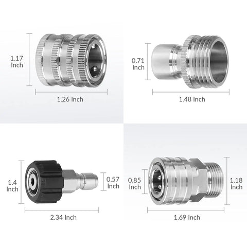 Heavy Duty Stainless Steel Pressure Washer Adapter Set With Swivel M22 14 And 15 Mm To Three Eighths Inch Quick Connect shown in dimensions