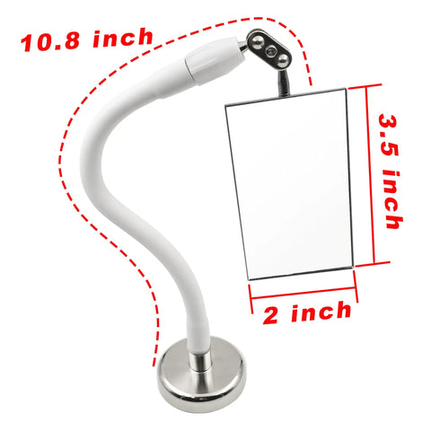Inspection Mirror Tool With 360 Degree Swivel Adjustable Head And Telescoping Stick For Tight Spaces, close-up view with dimensions