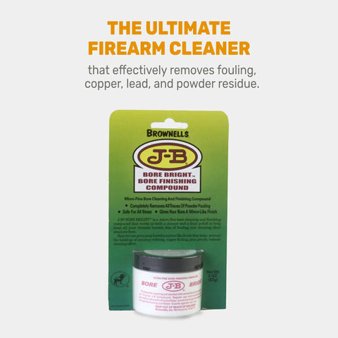 J B Bore Bright Gun Cleaner Solvent Oil Paste for Copper Lead and Powder Residue Removal Gunk Busting Dual Action Bore Cleaner and Final Polish Gunsmithing Maintenance 2 oz Jar, front packaging