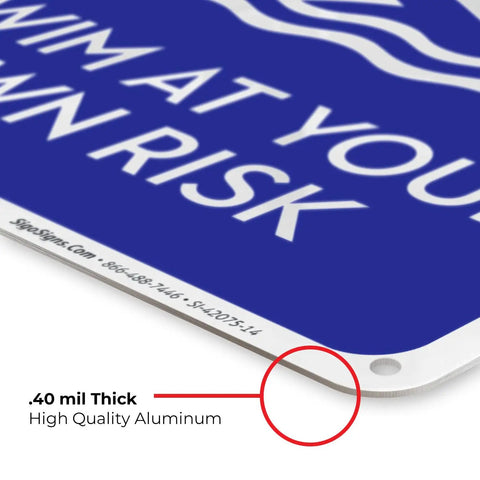 Close-up of No Lifeguard On Duty Pool Sign, Blue 10x14 Inches, Rust Free.040 Aluminum, Fade Resistant, corner detail