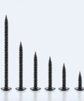 Black Wood Screw Set With Phillips Modified Truss Head Stainless Steel 410 Self Tapping Assortment For Wood And Metal 155 Pieces DIY Ready Sizes Three Quarters Inch To One And A Half Inch displayed in varying sizes.