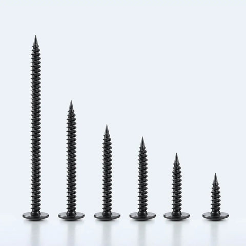 Black Wood Screw Set With Phillips Modified Truss Head Stainless Steel 410 Self Tapping Assortment For Wood And Metal 155 Pieces DIY Ready Sizes Three Quarters Inch To One And A Half Inch displayed in varying sizes.