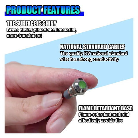 Hand holding 12V/24V Waterproof LED Indicator Light With 8mm Mount Metal Shell Panel Dash Light For Cars with green top