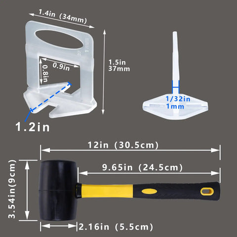Tile Leveling System Clips One Thirty Second Inch, 2500 Piece Tile Spacers With Sixteen Ounce Rubber Mallet Hammer dimensions