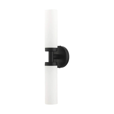 Two Light Slick Black ADA Vanity Light With Satin Opal Glass Cylinders From Aero Collection, vertical view