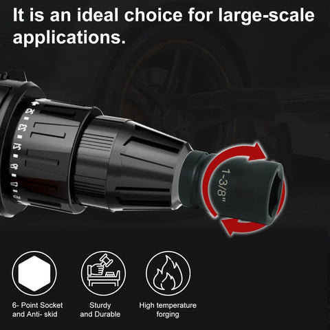 Close-up of 1 Inch Drive Deep Impact Socket Set With 9 Piece CrMo 6 Point Sockets From 1 Inch To 2 Inch SAE in use on drill