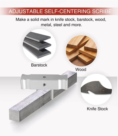 Aluminum self-centering scribe doweling jig mounted on a metal bar for marking centerlines on wood and barstock
