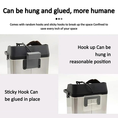 Premium Slick Silver Electric Espresso Portafilter Cleaner Paired With Solid Knock Box showing hooks for hanging and gluing.