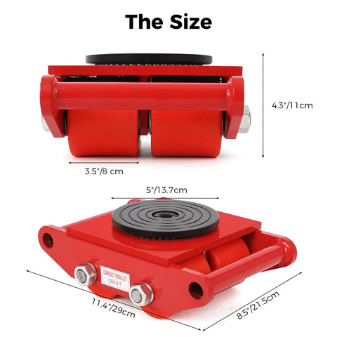 6 Ton Heavy Duty Moving Dolly With 360 Degree Rotating Anti Skid Pad For Industrial Equipment Carbon Steel Machine Skate With PU Wheels For Workshop Warehouse Transport, 11cm high