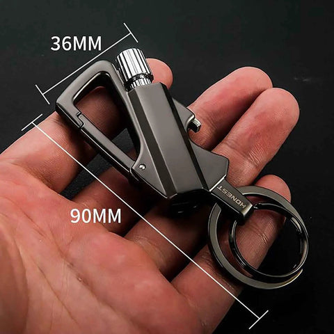 3 In 1 Infinity Lighter Keychain Permanent Match Lighter With Multitool Bottle Opener For Outdoor Survival Sleek Black And Gold Design Durable Key Ring Lighter For Camping And Everyday Carry in hand showing measurements