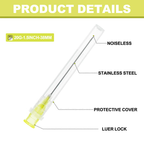 Pro Grade 20 Gauge 1.5 Inch Luer Lock Needles For Science Labs And Industrial Dispensing, stainless steel needle with protective cover.